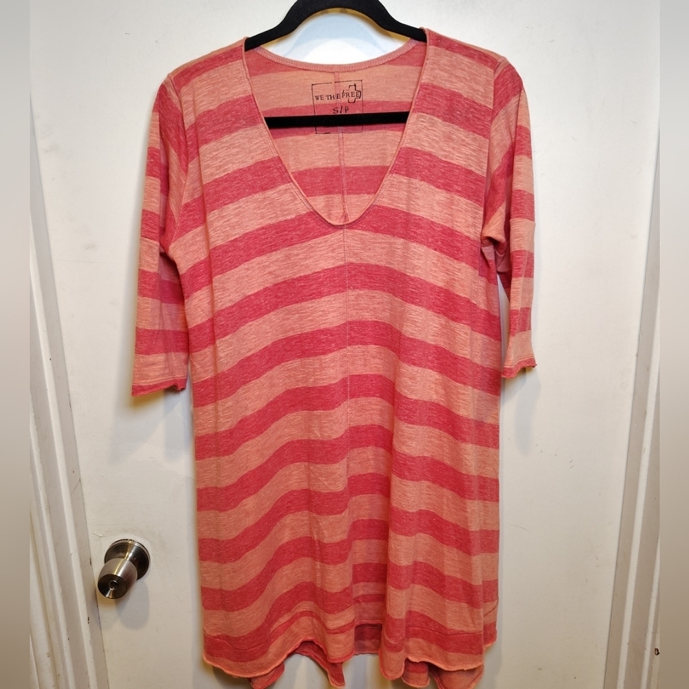 We The Free People Orange & Red Stripe Linen Blend Side Split Tunic Top S -Boho